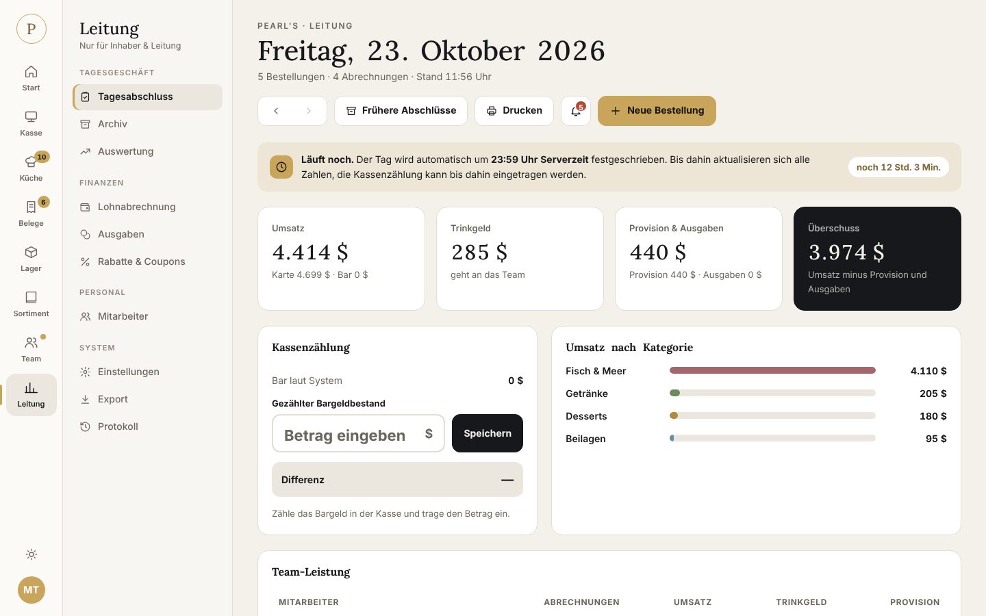 Tagesabschluss – Automatisch um 23:59 – mit Kassenzählung und Archiv.